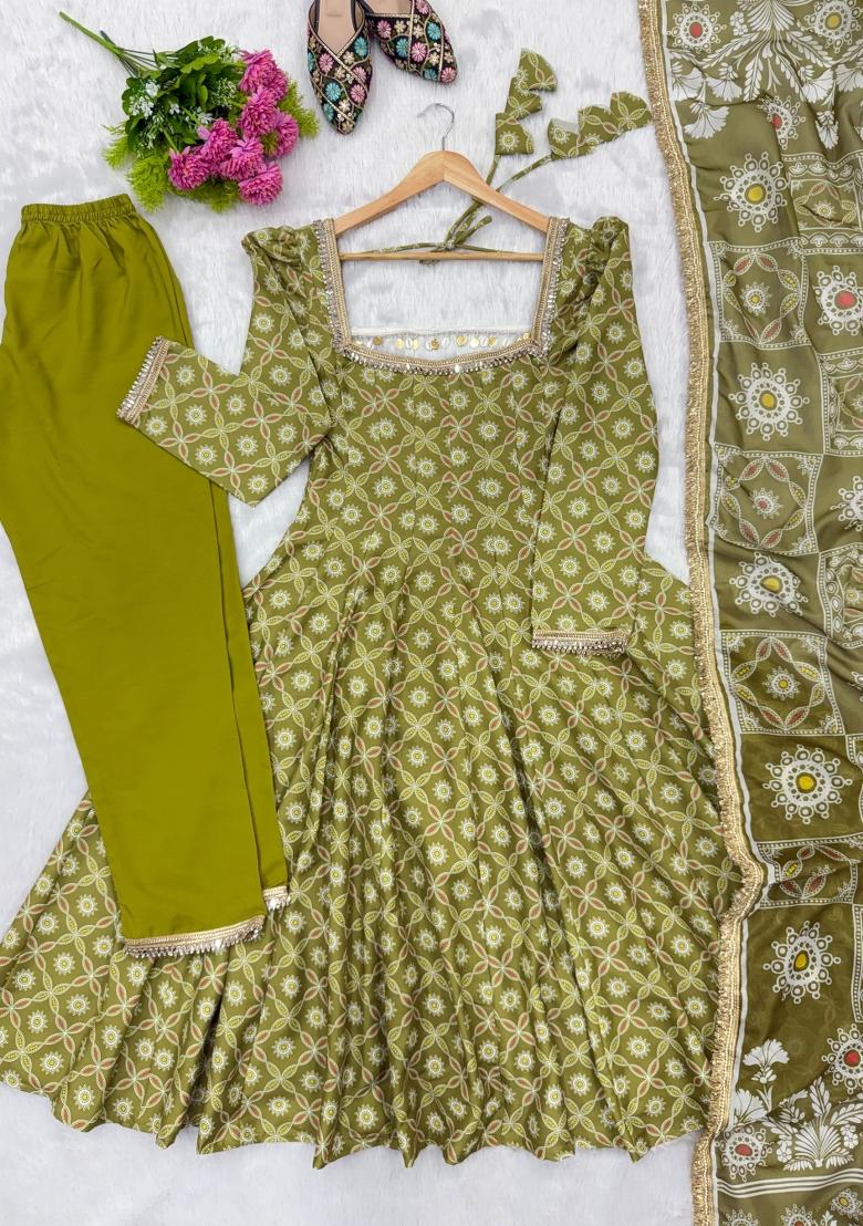 Olive Woven Design Silk Salwar Kameez - Indya