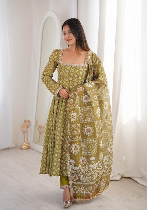 Olive Woven Design Silk Salwar Kameez