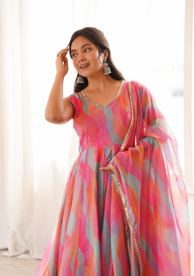 Pink Woven Design Organza Salwar Kameez - Indya