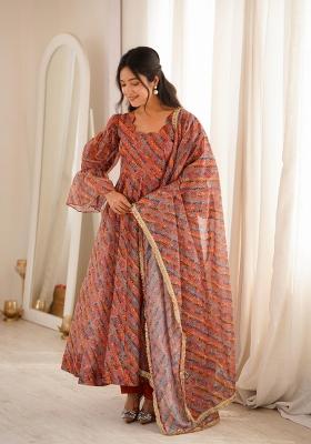 Brown Printed Organza Salwar Kameez