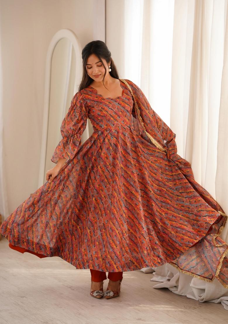 Brown Printed Organza Salwar Kameez - Indya