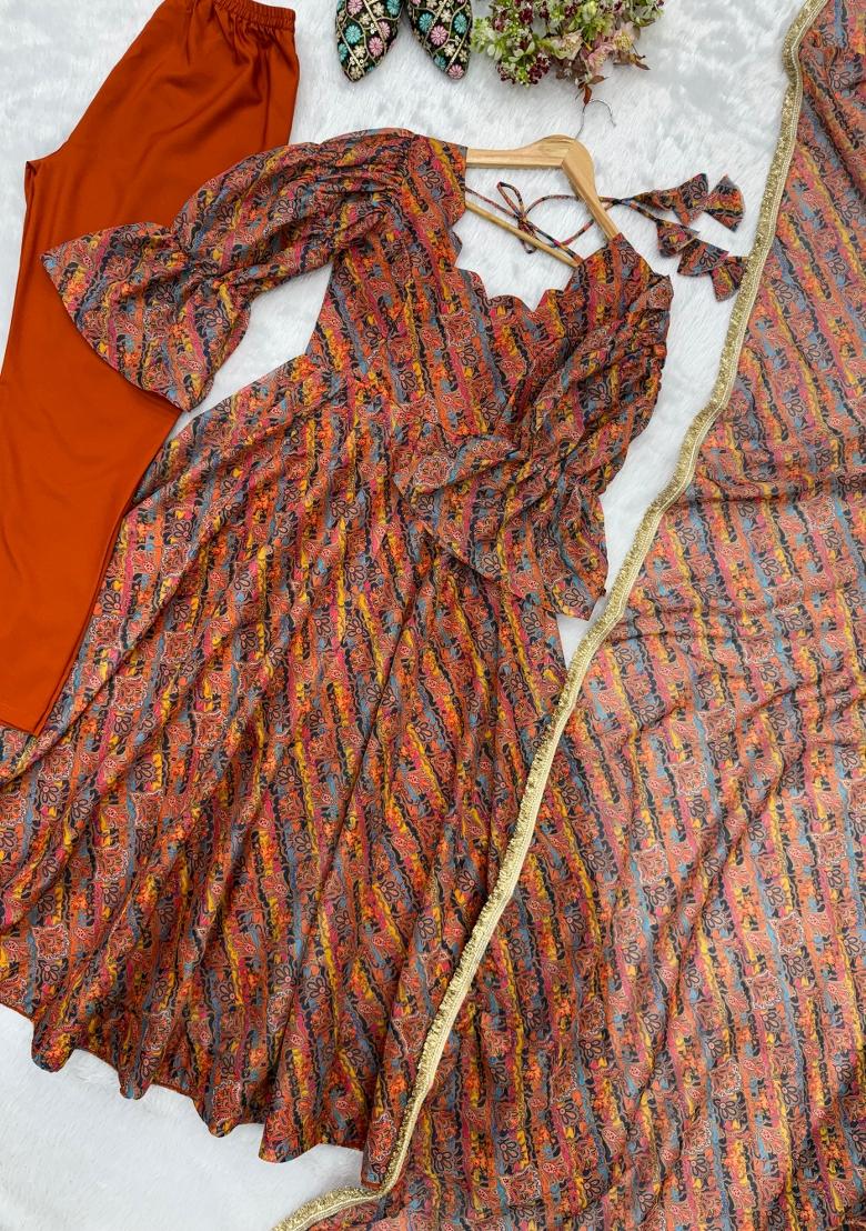 Brown Printed Organza Salwar Kameez - Indya