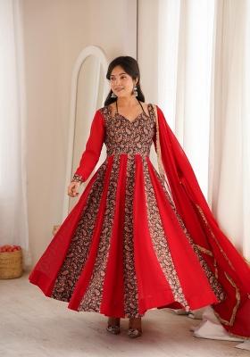 Red Embroidered Georgette Salwar Kameez