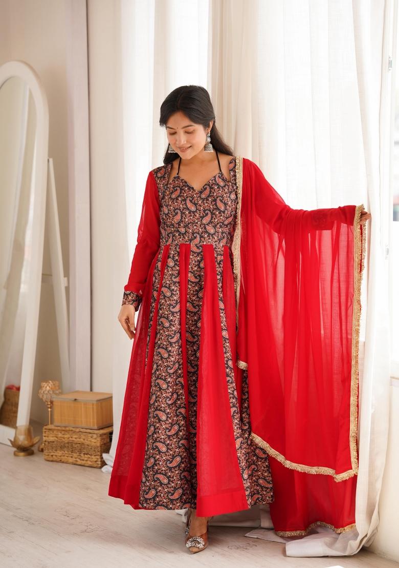Red Embroidered Georgette Salwar Kameez - Indya
