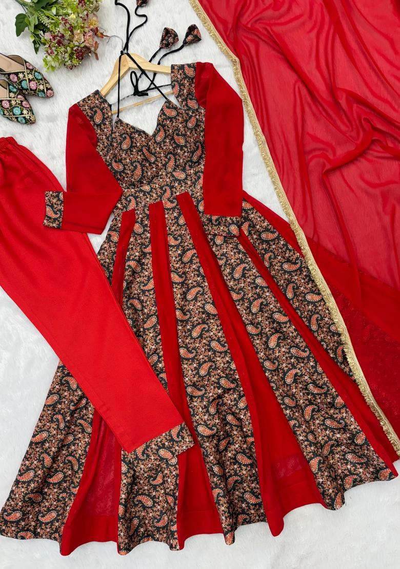 Red Embroidered Georgette Salwar Kameez - Indya