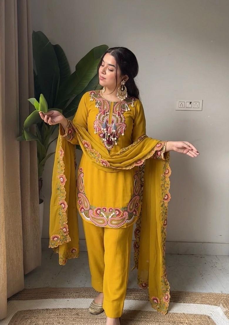 Yellow Embroidered Georgette Salwar Kameez - Indya