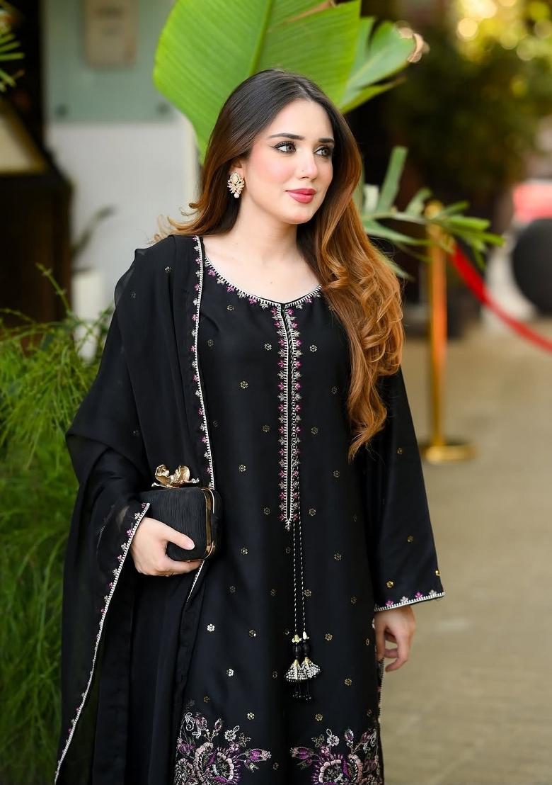 Black Embroidered Satin Salwar Kameez - Indya