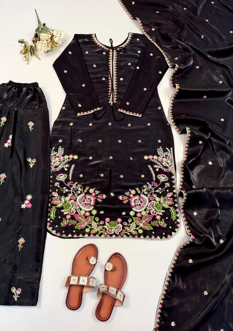 Black Embroidered Satin Salwar Kameez - Indya