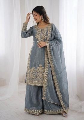 Grey Embroidered Silk Salwar Kameez