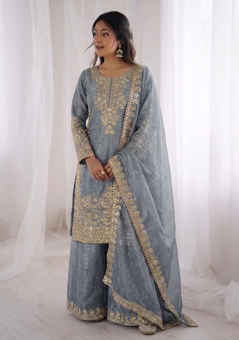 Grey Embroidered Silk Salwar Kameez - Indya