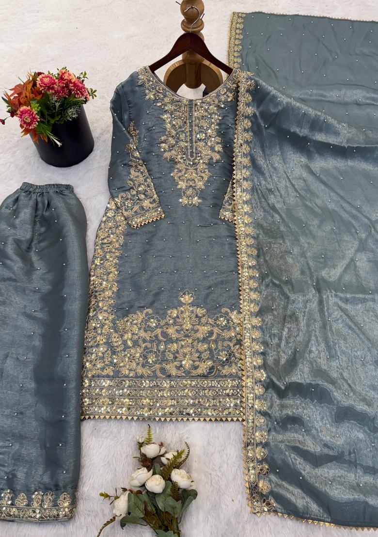 Grey Embroidered Silk Salwar Kameez - Indya