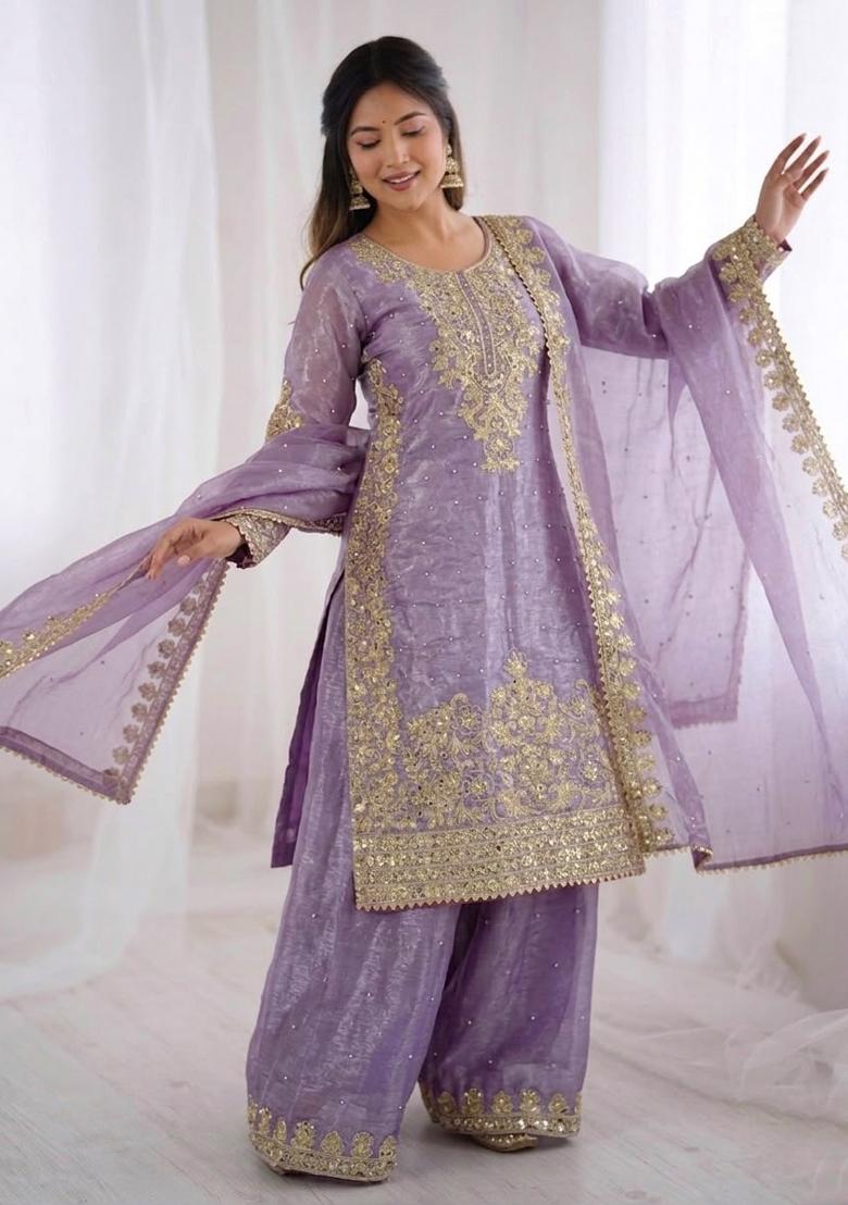 Lavender Embroidered Silk Salwar Kameez - Indya