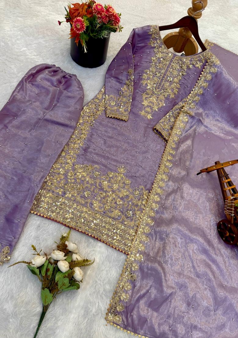 Lavender Embroidered Silk Salwar Kameez - Indya