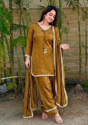Golden Woven Design Silk Salwar Kameez