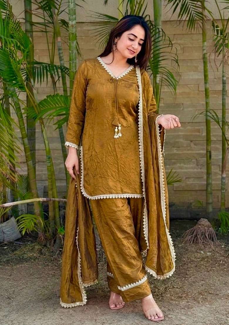 Golden Woven Design Silk Salwar Kameez - Indya