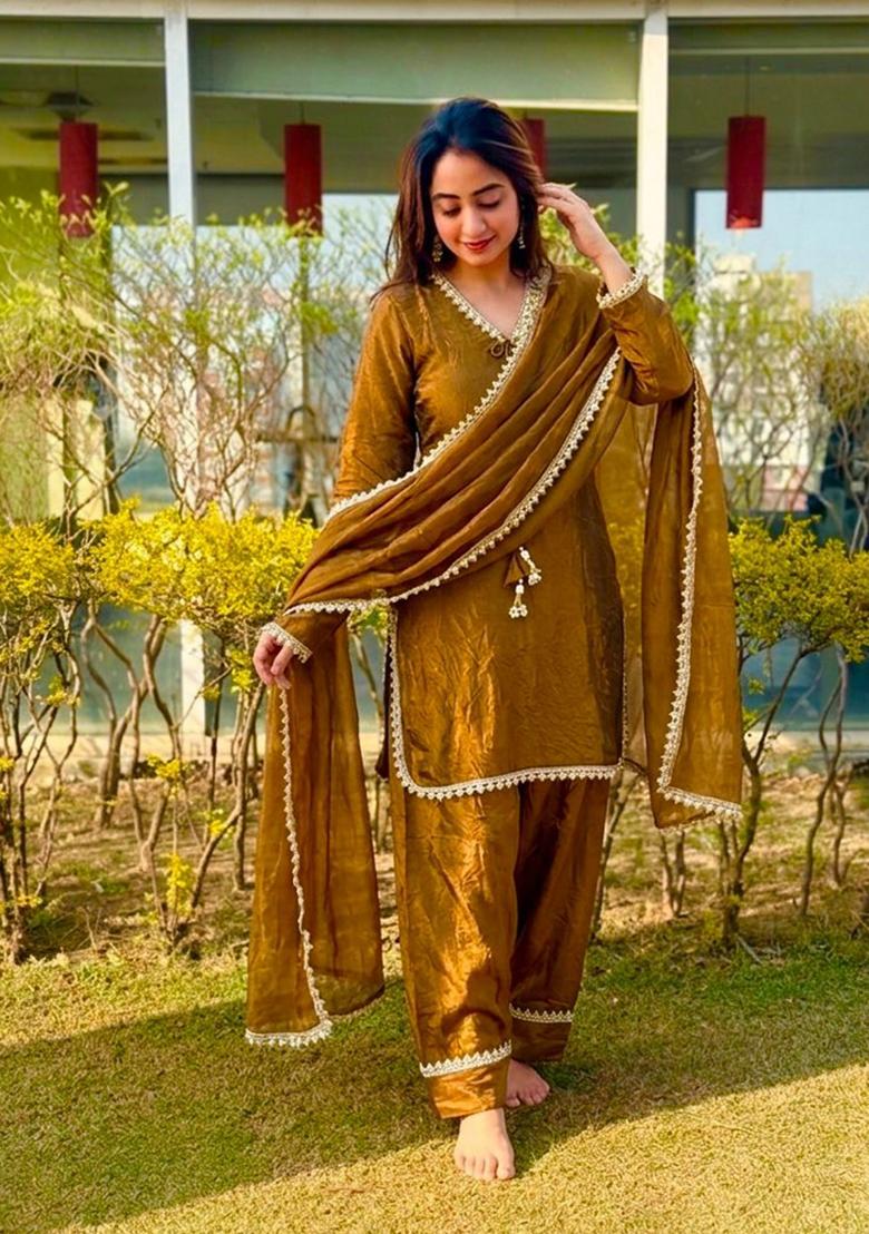 Golden Woven Design Silk Salwar Kameez - Indya