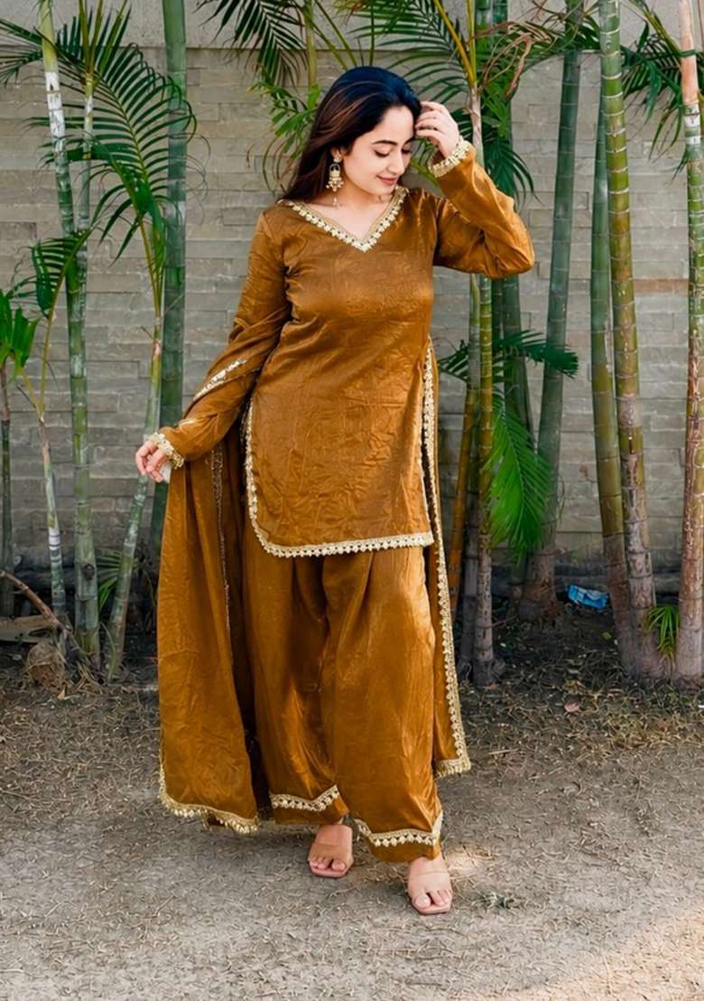 Golden Woven Design Silk Salwar Kameez - Indya