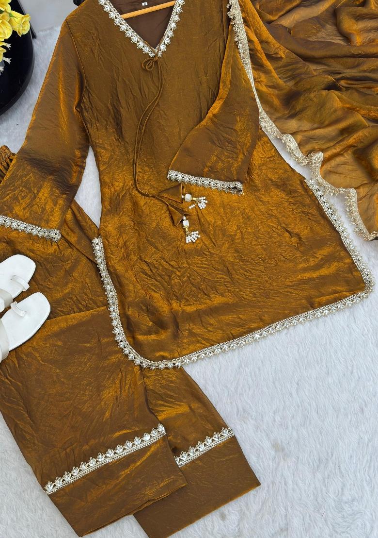 Golden Woven Design Silk Salwar Kameez - Indya