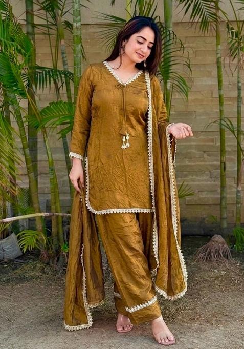 Golden Woven Design Silk Salwar Kameez