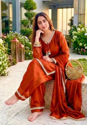 Orange Woven Design Silk Salwar Kameez