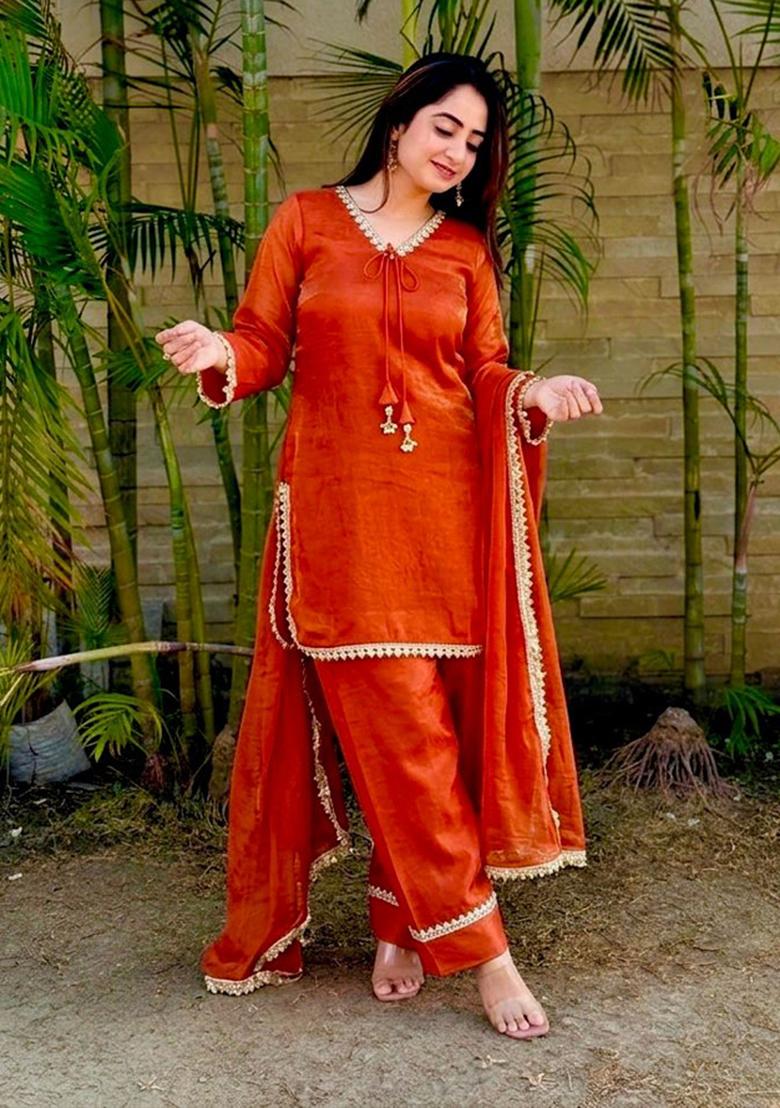 Orange Woven Design Silk Salwar Kameez - Indya