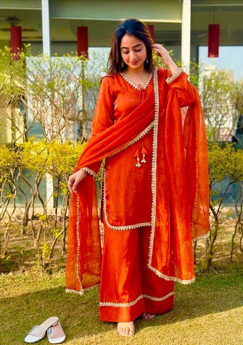 Orange Woven Design Silk Salwar Kameez - Indya