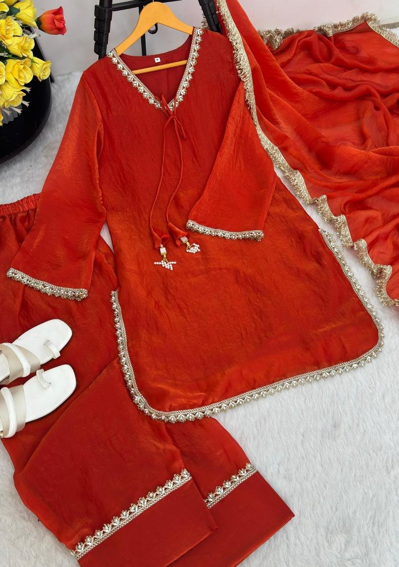 Orange Woven Design Silk Salwar Kameez - Indya