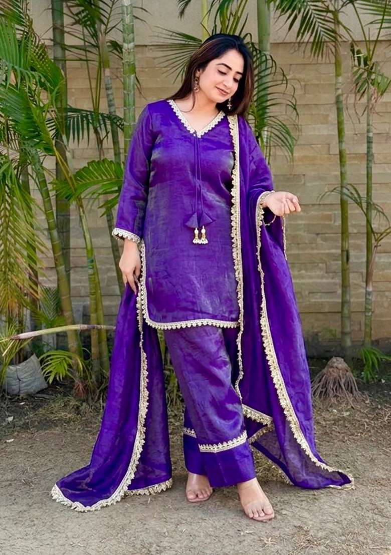 Royal Blue Woven Design Silk Salwar Kameez - Indya