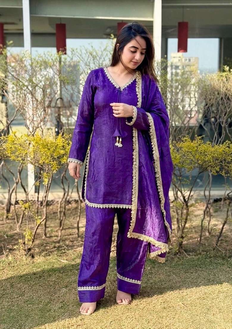 Royal Blue Woven Design Silk Salwar Kameez - Indya