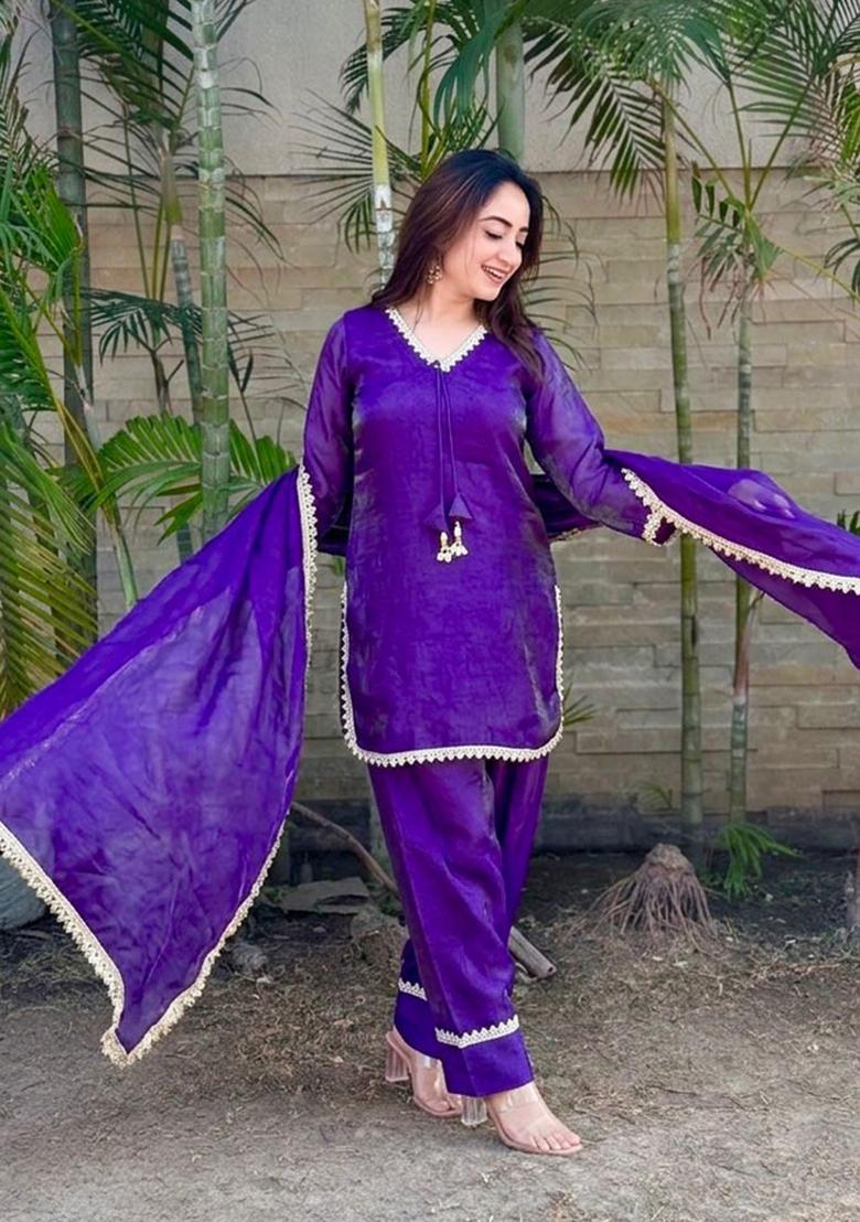 Royal Blue Woven Design Silk Salwar Kameez - Indya