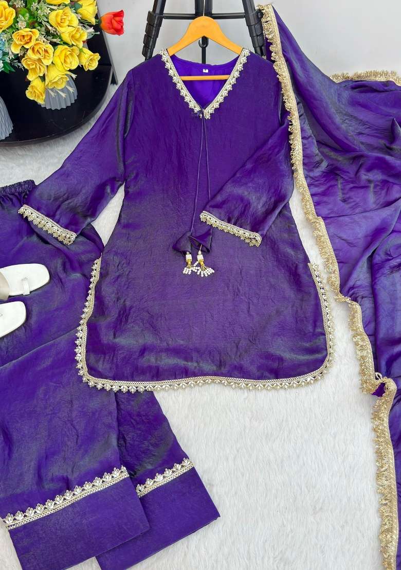 Royal Blue Woven Design Silk Salwar Kameez - Indya