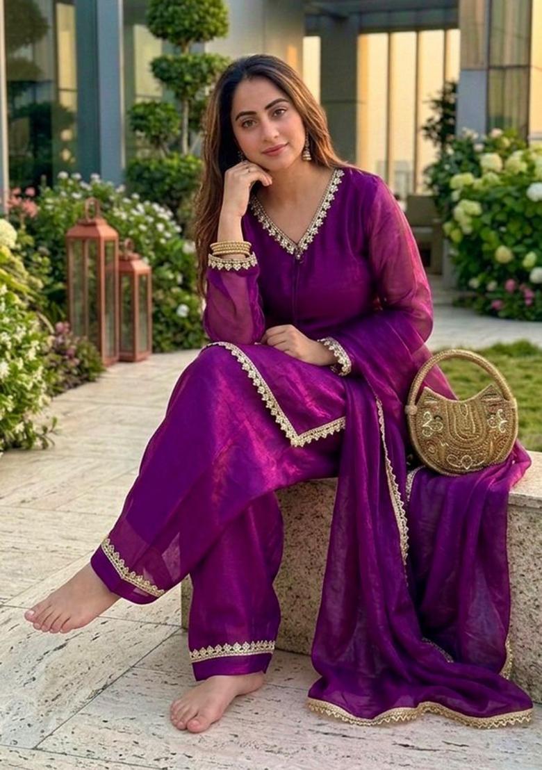 Wine Woven Design Silk Salwar Kameez - Indya
