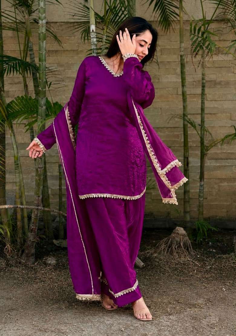 Wine Woven Design Silk Salwar Kameez - Indya