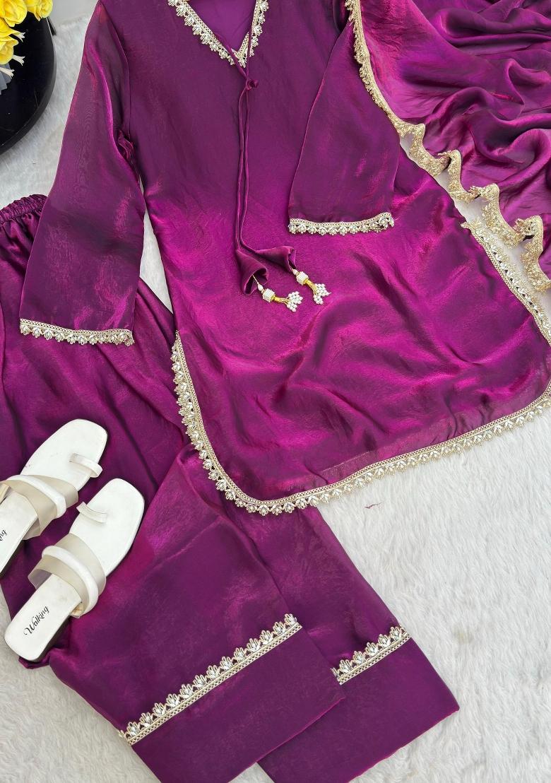 Wine Woven Design Silk Salwar Kameez - Indya