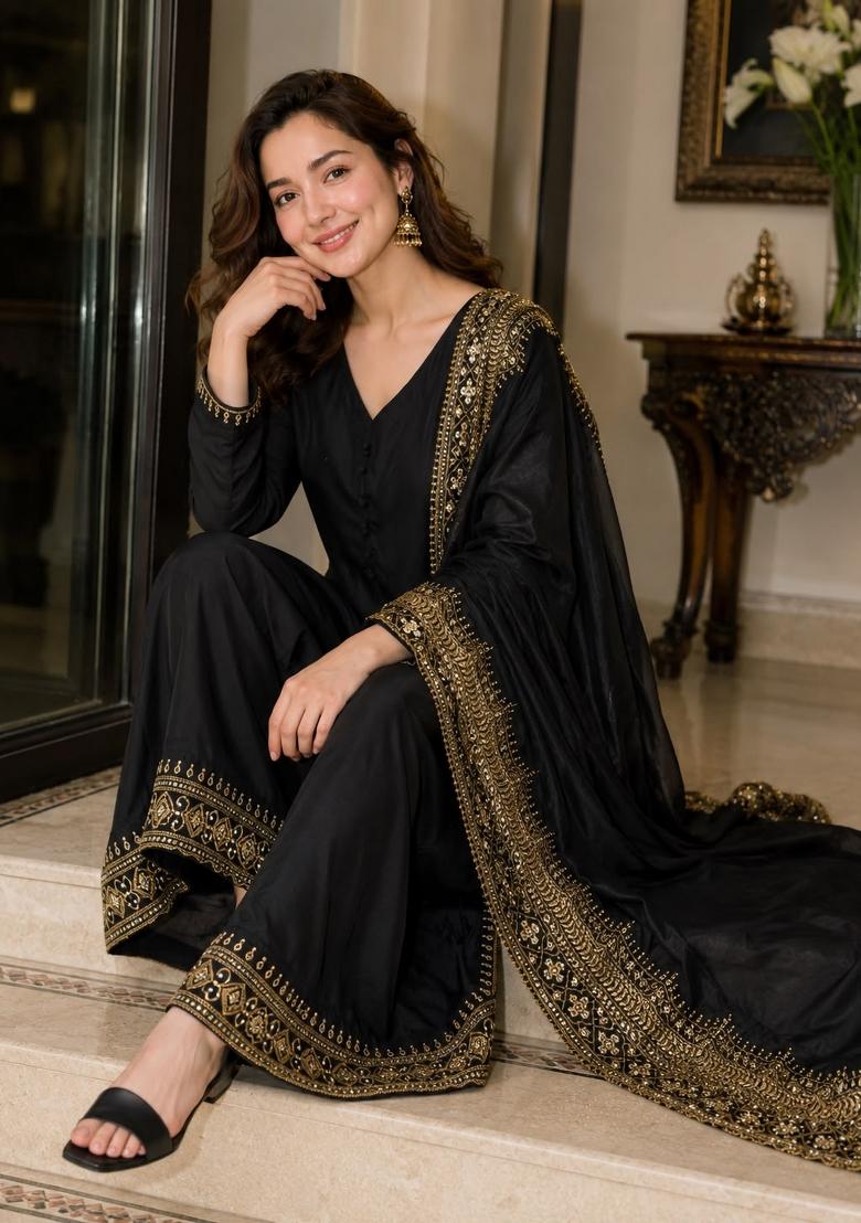 Black Embroidered Silk Salwar Kameez - Indya