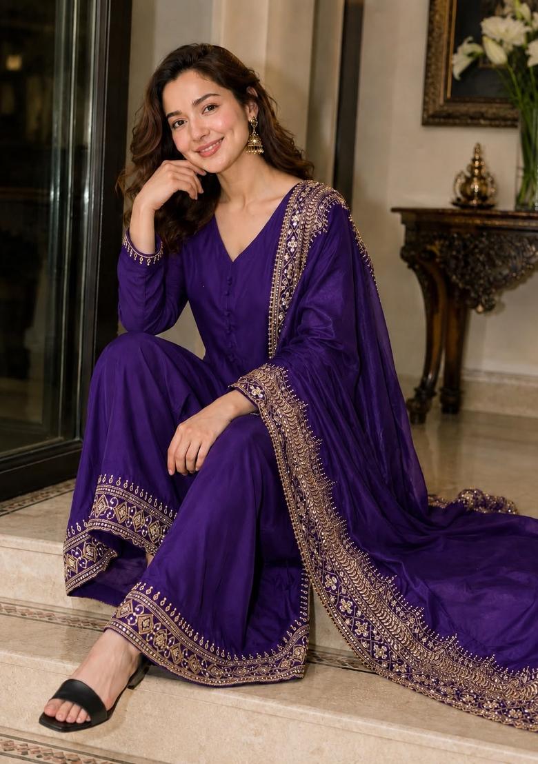 Royal Blue Embroidered Silk Salwar Kameez - Indya