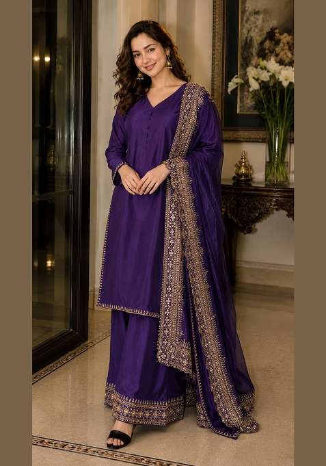 Royal Blue Embroidered Silk Salwar Kameez