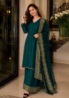 Teal Embroidered Silk Salwar Kameez