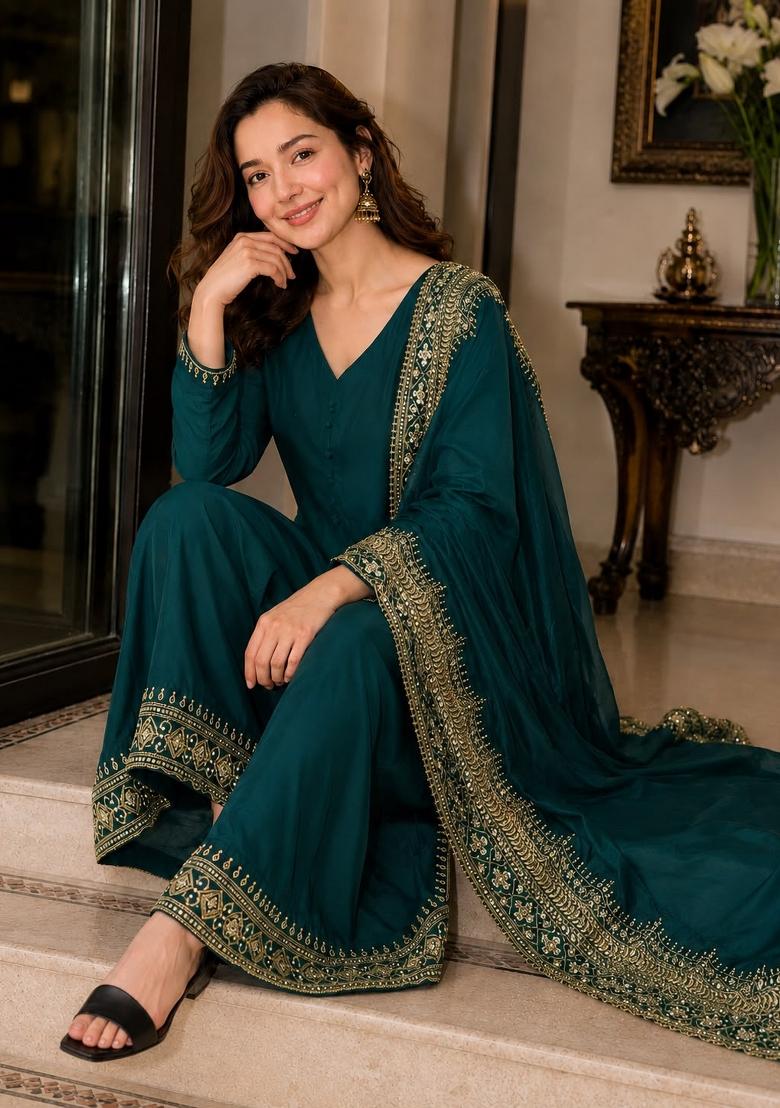 Teal Embroidered Silk Salwar Kameez - Indya