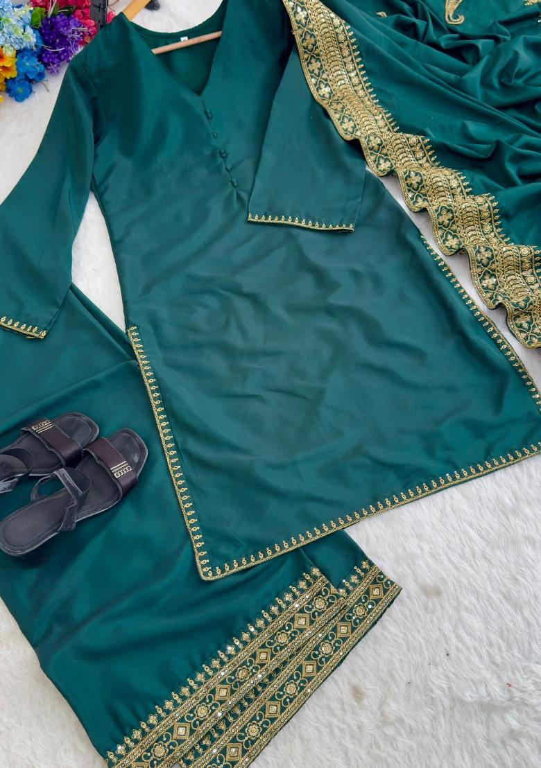 Teal Embroidered Silk Salwar Kameez - Indya