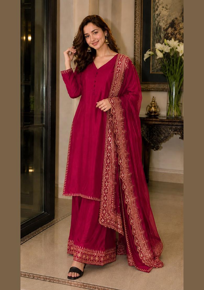 Rani Pink Embroidered Silk Salwar Kameez - Indya