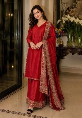 Red Embroidered Silk Salwar Kameez