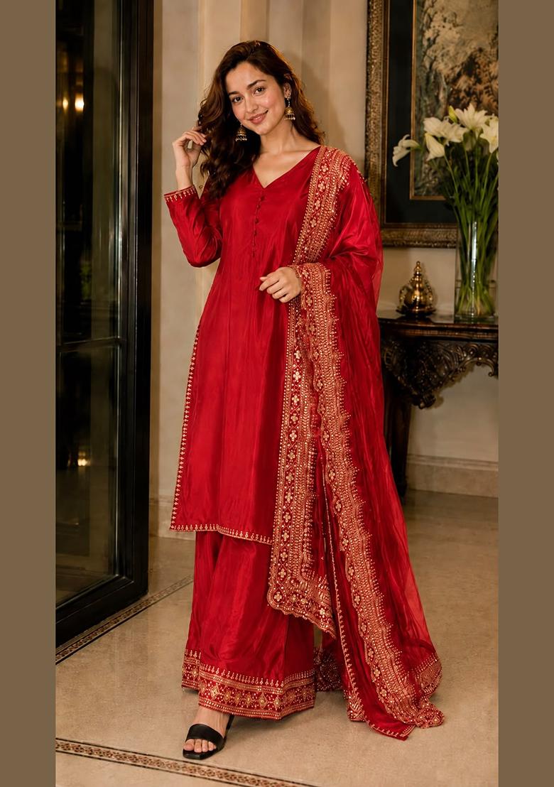Red Embroidered Silk Salwar Kameez - Indya