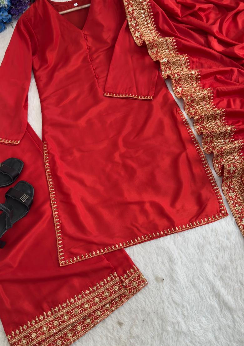 Red Embroidered Silk Salwar Kameez - Indya