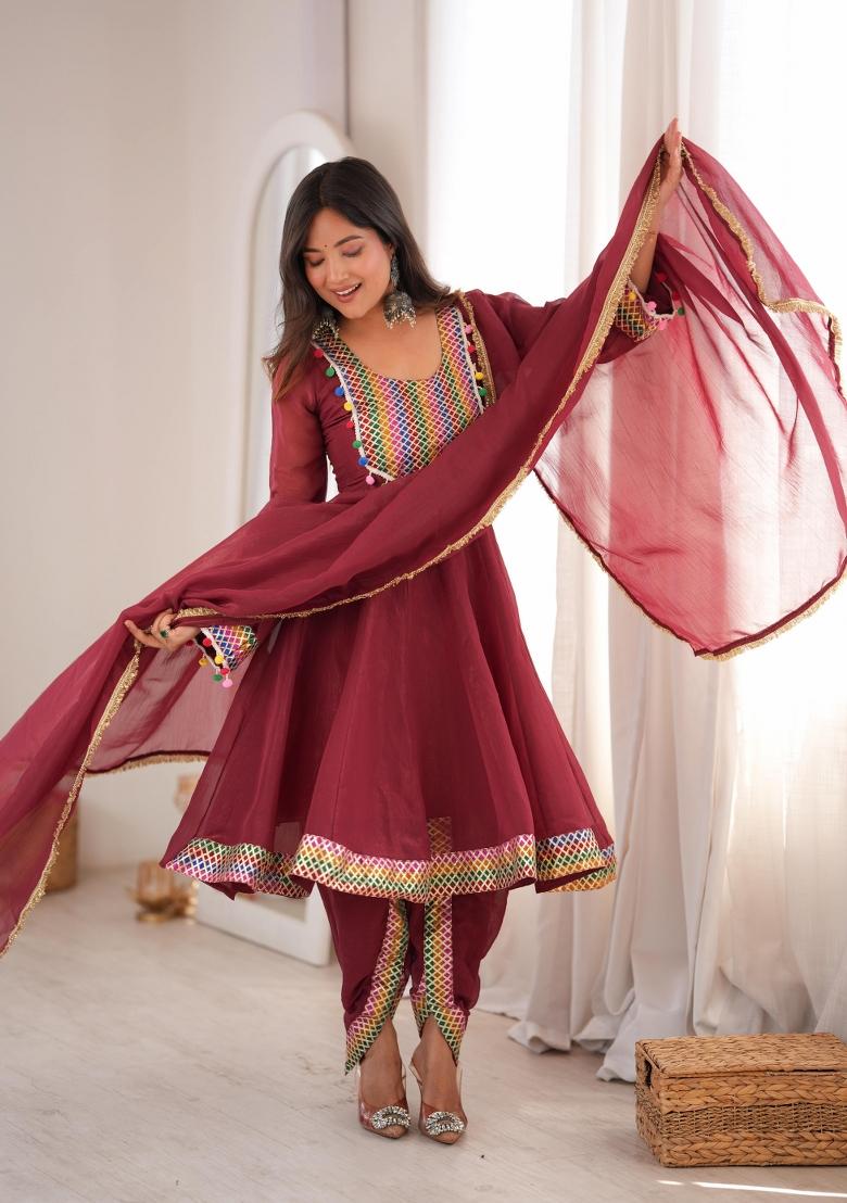 Red Embroidered Silk Salwar Kameez - Indya