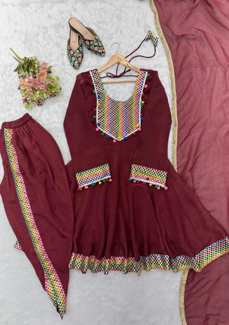 Red Embroidered Silk Salwar Kameez - Indya