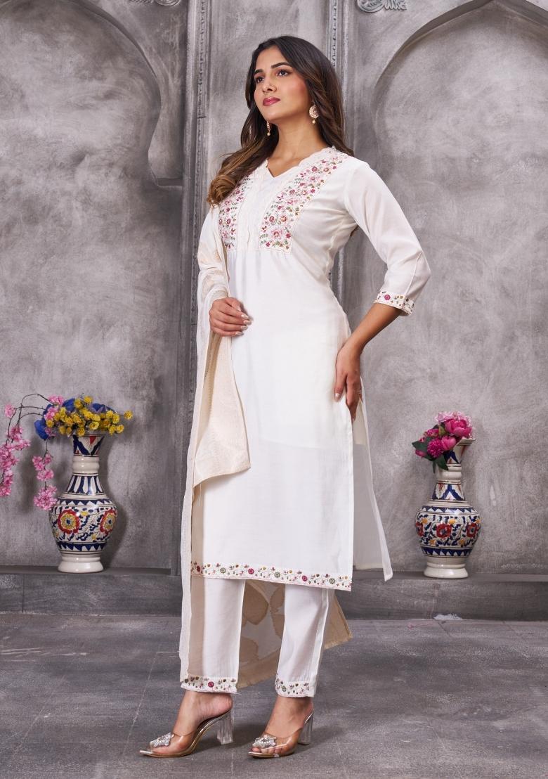 White Embroidered Silk Salwar Kameez - Indya