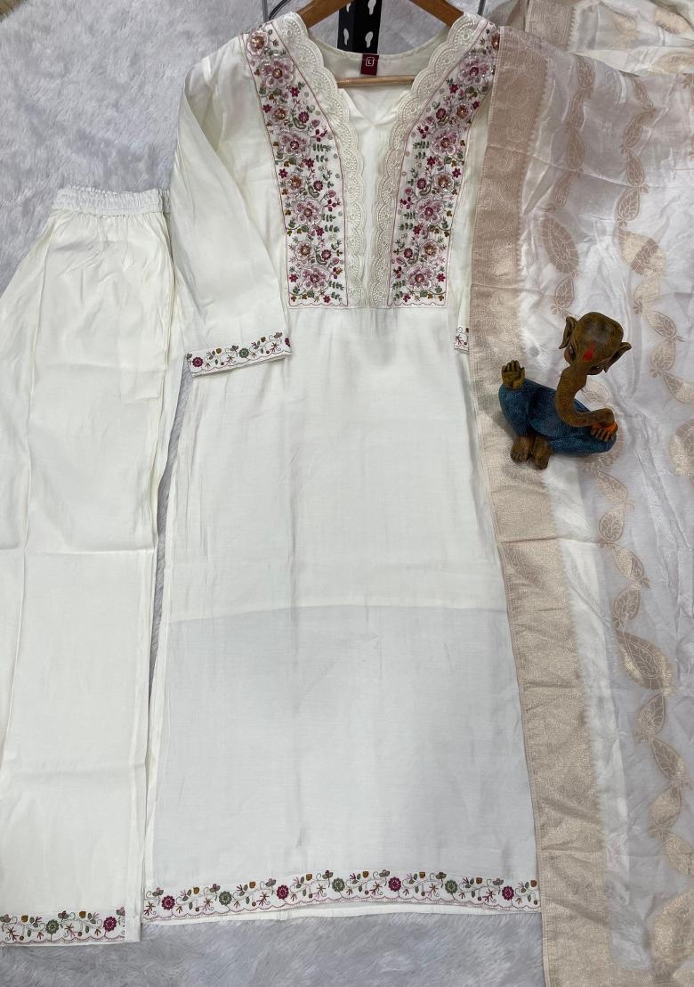 White Embroidered Silk Salwar Kameez - Indya