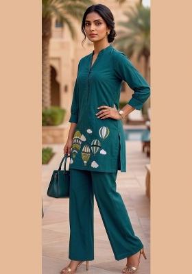 Teal Embroidered Cotton Salwar Kameez