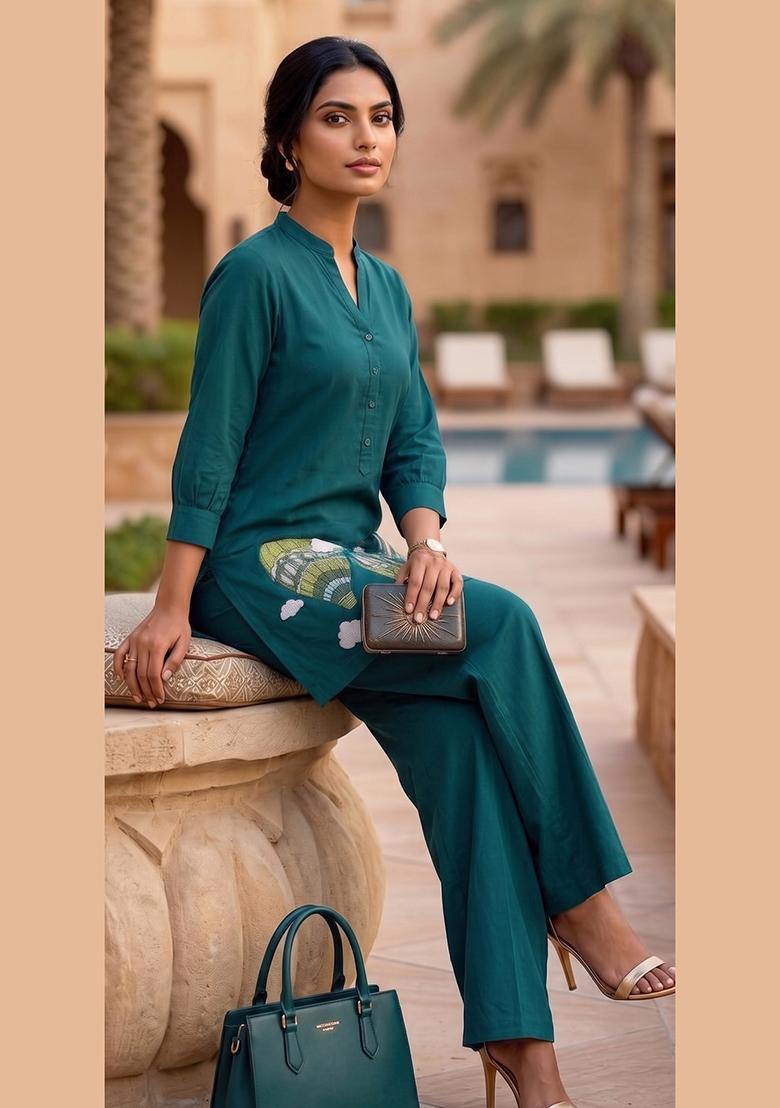 Teal Embroidered Cotton Salwar Kameez - Indya